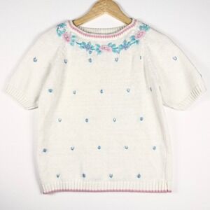Vintage Floral Embroidered Knit Sweater Cream S/M Cottagecore Grandma Feminine